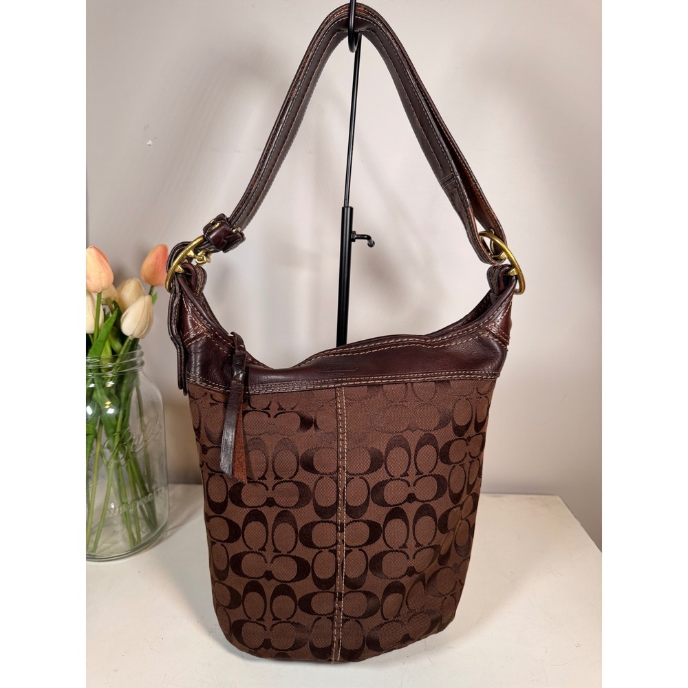 Coach Bleeker Signature Jacquard Duffle Bucket Bag Mahogany Brown 11437